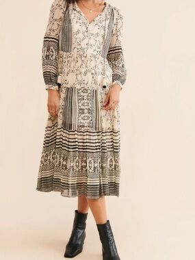 Anthropologie Tallulah Tiered Midi Dress 1X Boho Midi Dress in Black & Cream